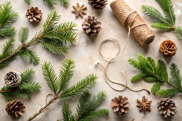 Flat lay of christmas crafting supplies including fir branches, pinecones, and twine on a textured background