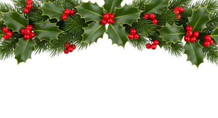 Christmas holly and fir garland border isolated on transparent background