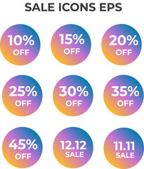 Set of colorful circular sale discount icons with percentages and dates.