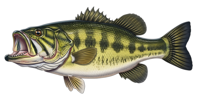 Aggressive largemouth bass fish isolated on transparent background