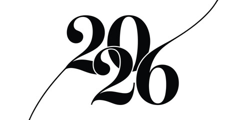 Obraz premium Stylized black 2026 typography with elegant curves and sweeping transitions, modern calligraphic design on white background for creative use