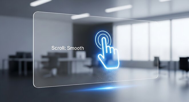 Finger interacts with glowing touchscreen interface in modern office, showcasing smooth scrolling technology with futuristic and innovative theme.