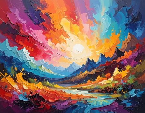 Vibrant abstract landscape. Burst of colors, mountains, and sun