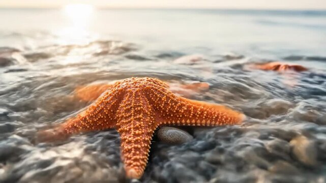 Starfish rest on pebbled shore as gentle waves and sunlit ocean recede