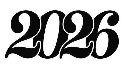 Bold black 2026 typography with decorative curves on white background, vintage artistic design for year-based creative and event visuals