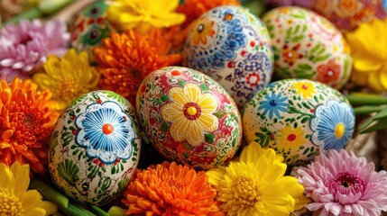 Brightly decorated eggs with floral designs rest among a variety of flowers creating a lively display for a spring festival or Easter celebration.