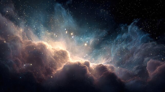 Vibrant clouds of gas and dust fill the vastness of space illuminated by sparkling stars. This breathtaking scene showcases the beauty of the universe at night drawing the viewer into the cosmos.