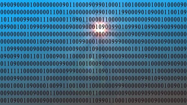 Digital Matrix: Flying Through Binary Digits with Sun Burst and Lens Flare, Technology Background Loop: Blue Sky Covered by Abstract White Binary Code .