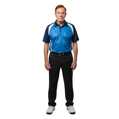 Fototapeta premium Professional man in blue polo shirt and black pants standing confidently isolated on transparent background