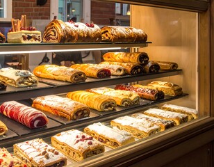 Various pastries are displayed in a well-lit, glass-fronted cabinet