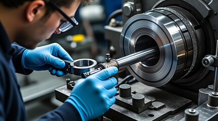 Precision Engineering: Technician Inspecting Metal Part with Caliper in Workshop