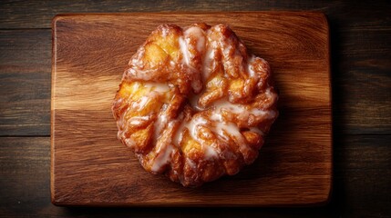 Glazed fritter on dark wood board