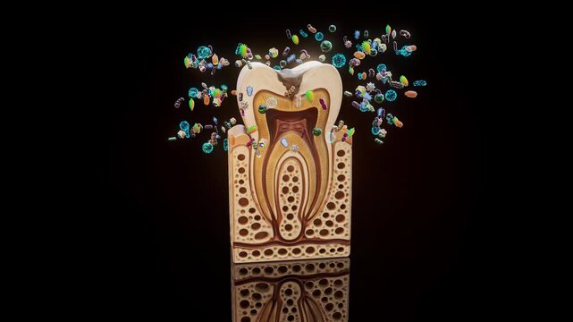 Conceptual 3D animation of dental caries and bacteria