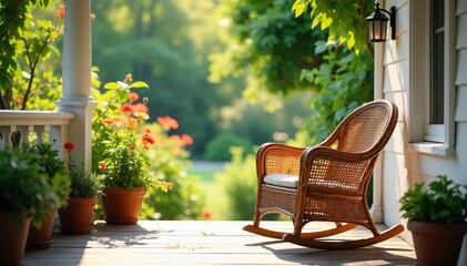 Rustic Cane Chair on Sun-Drenched Porch Overlooking Vibrant Summer Garden Peaceful Relaxation and Vacation Scene