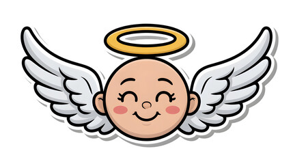 Naklejka premium Baby Angel Icon: A charming cartoon depiction of an angelic baby with a halo and feathered wings, evoking innocence and protection.