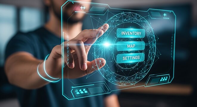 Man interacts with futuristic holographic interface displaying inventory, map, and settings options in a modern office, showcasing advanced technology and user experience.