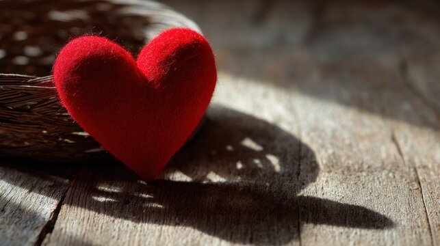 Soft red heart on weathered wood with shadowed textures & natural light