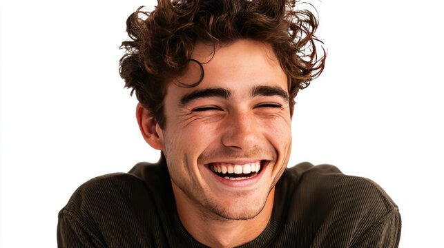Smiling young man with curly brown hair, eyes closed in laughter