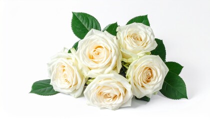 Obraz premium Elegant white roses with green leaves on a pure white background, perfect for romantic, wedding, or celebratory designs.