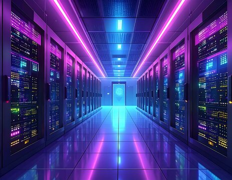 Futuristic Data Center - A Neon-Lit Server Room for Advanced Computing.
