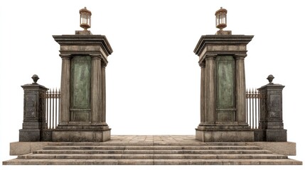 Aged stone gate pillars with wrought iron fence and steps.