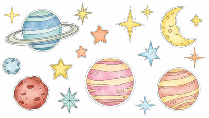 Watercolor Planets, Stars and Moon Celestial Cosmic Galaxy Kids Illustration