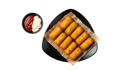 Golden fried potato croquettes with ketchup and mayonnaise isolated on transparent background
