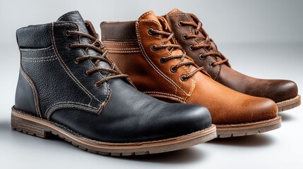 Three leather boots in different shades of brown and black.
