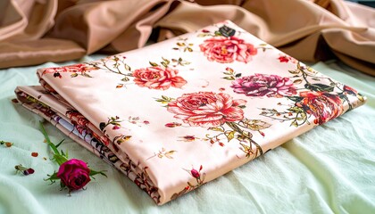 Peach Satin Fabric with Rose Floral Print