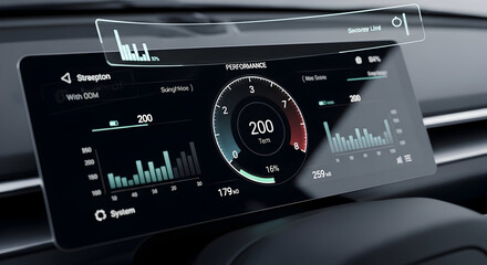 Modern Car Interior: Digital Dashboard and Head-Up Display showing Vehicle Performance Data and Futuristic Interface