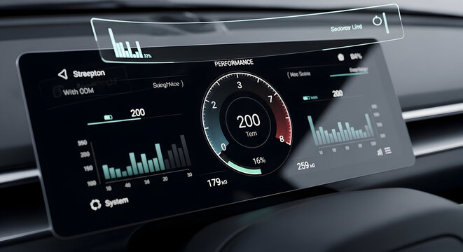 Modern Car Interior: Digital Dashboard and Head-Up Display showing Vehicle Performance Data and Futuristic Interface