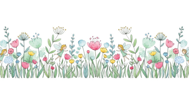 Whimsical watercolor fairy garden with colorful spring flowers seamless border