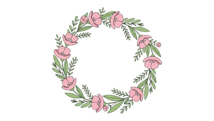 Floral Wreath Illustration A Delicate Circle of Pink Flowers and Green Leaves