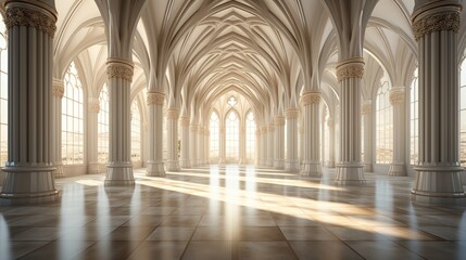 Fototapeta premium Grand Hall with Ornate Columns and Vaulted Arches Bathed in Sunlight