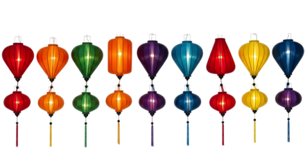 Collection of colorful hanging lanterns isolated on transparent background