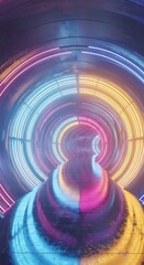 Abstract Neon Light Tunnel with Colorful Circular Patterns.