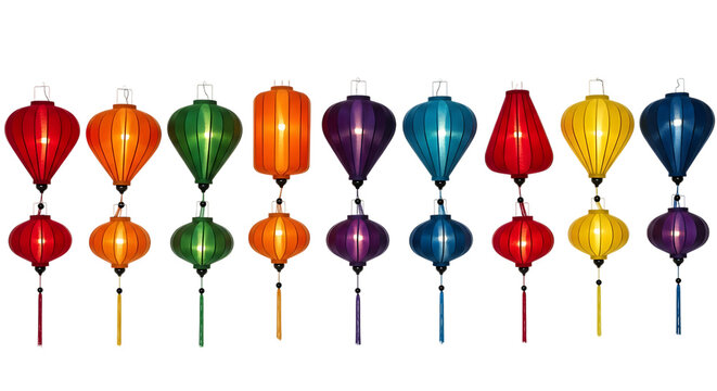 Collection of colorful hanging lanterns isolated on transparent background