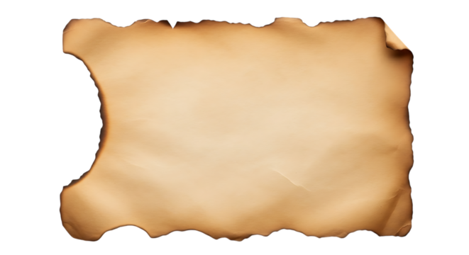 Aged parchment scroll with burnt edges isolated on transparent background