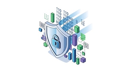 Isometric concept of cybersecurity with a shield protecting digital data and binary code.