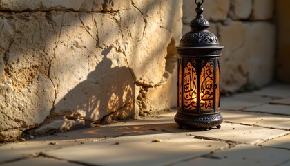 an outdoor setting with a traditional lantern prominently positioned. the lantern, ornate in design, is made of glass with decorative arabic script on it
