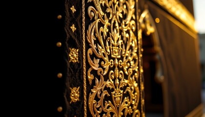 an intricately designed gold toned decorative panel with elaborate patterns and filigree work, giving it an ornate appearance