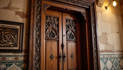 an ornate wooden door in what appears to be a historical or traditional setting