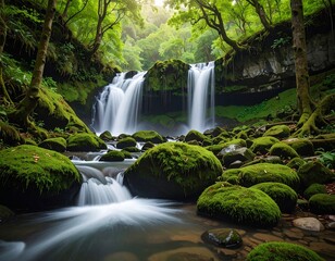 Tranquil forest scene cascading waterfalls, mossy rocks, lush greenery
