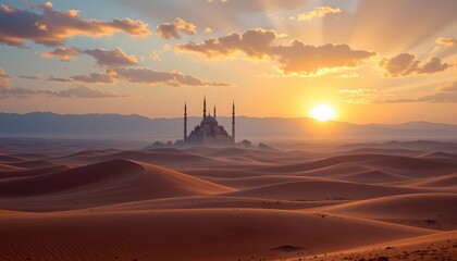 a serene desert landscape at sunset, with sand dunes stretching towards the horizon