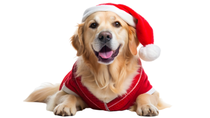 Adorable golden retriever dressed for Christmas, looking festive in a Santa hat and sweater, spreading holiday cheer, perfect for cards and marketing material