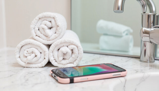 Elegant bathroom with smartphone next to rolled towels, relaxation space - Powered by Adobe