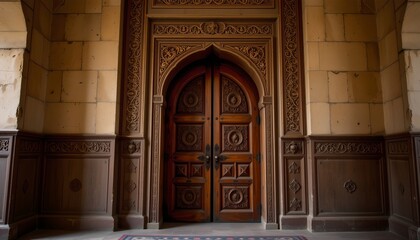 an interior view of a large wooden door situated at the end of a corridor, with intricate carvings on its surface