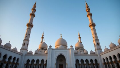 a large white mosque with multiple domed roofs stands prominently in the foreground against a clear sky
