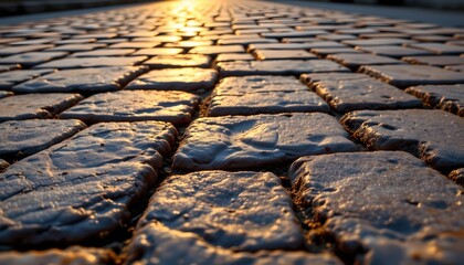 a cobblestone street during sunset.