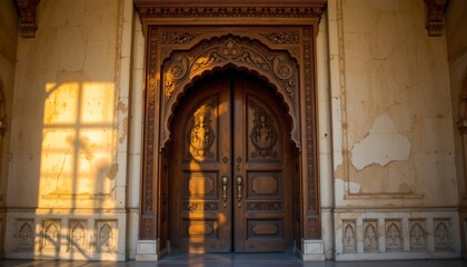 an old, wooden door with intricate carvings set within an arched doorway, illuminated by sunlight filtering through a window above